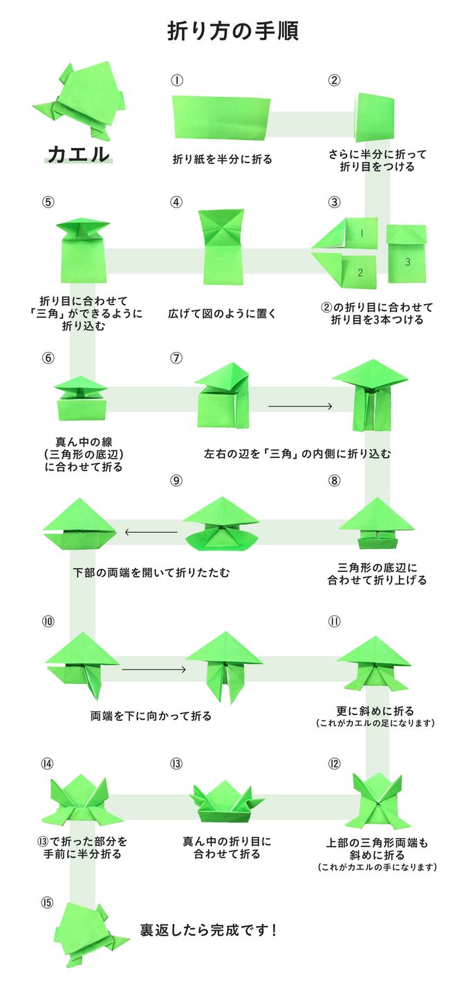 難易度中級の折り紙「カエル」製作にチャレンジ。保育園児、幼稚園児から楽しめる折り紙遊び｜子育て情報メディア「KIDSNA STYLE」