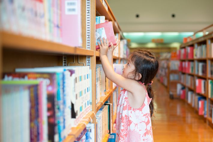 図書館で本を手にする女の子の写真