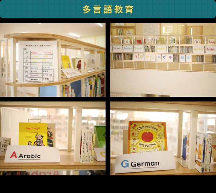 多言語の絵本コーナーなど