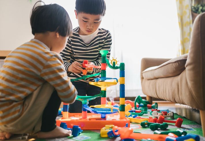 ブロックで遊ぶ兄弟